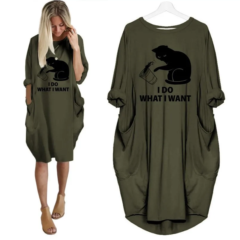 

New Fashion T 2 Shirt Dress Plus Size Women I Do What I Want Funny Cat Lover Tshirt Plus Size Tops Graphic Long Loose Dresses