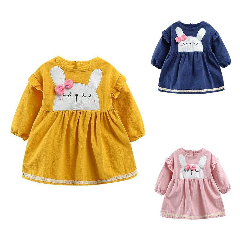 Для маленьких девочек Повседневное с рисунком кролика платье-пачка осень От 0 до 3 лет для малышей Хлопковое платье с длинными рукавами
