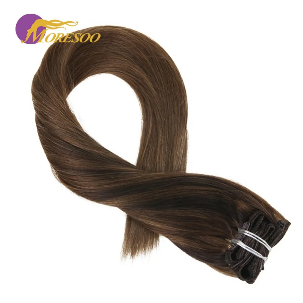 

Moresoo Clip in Human Hair Real Hair Clip in Extensions Color Darkest Brown #2 Fading to #8 Highlighted with #8 Brown 7Pcs/100G