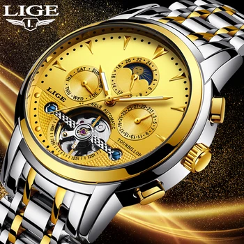 

LIGE 2018 New Men Fashion Steel strip Automatic Mechanical Tourbillon Watch Calendar Moon Phase Sports Watches Relogio Masculino