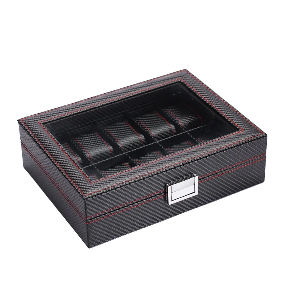 

10 Grids Home Bedroom Use Carbon Fiber Leather Watch Box Watch Storage Box Watch Display Slot Case Box Case