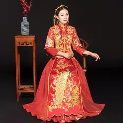 Невесты китайский стиль Cheongsam свадебное вечернее платье Винтаж Женская Вышивка длинное Ципао платья для вечеринок Одежда S-XXL
