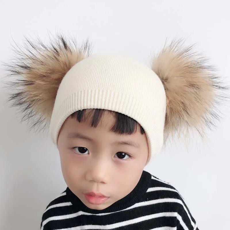 

Winter Baby Wool Hat With Two Fur Pompom Boy Girl Natural Fur Ball Beanie Kids Caps Double Fur Pom Pom Hat For Children