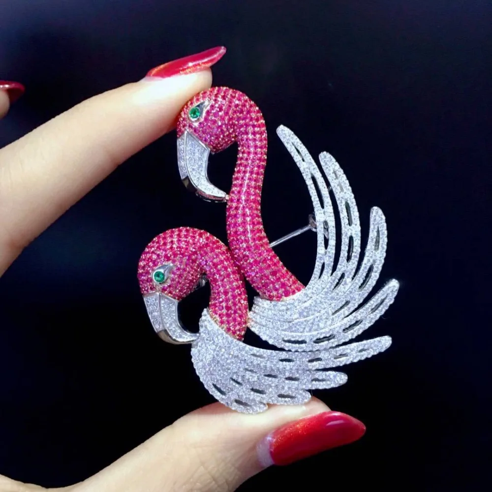 

rose red and white mixed color 925 sterling silver flamingo brooch pins fine women jewelry free shipping