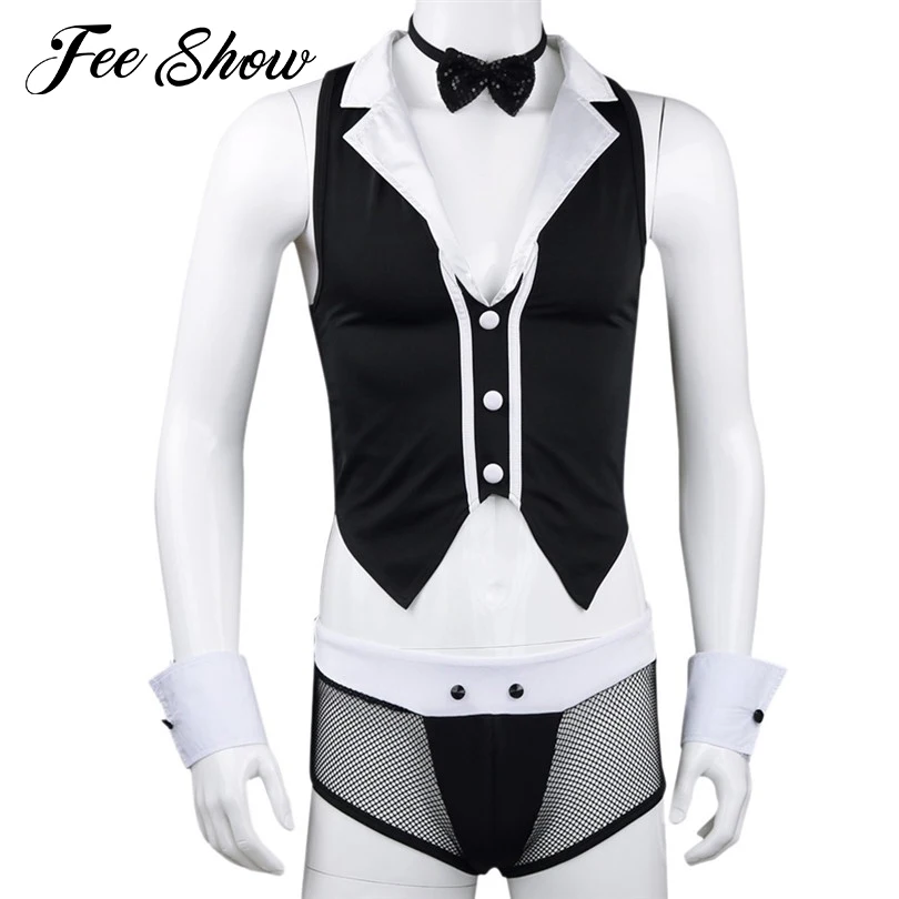 

Hot Sale Mens Sexy Maid Role Play Costume Outfits Tops Boxer Briefs Underwear with Collar Handcuffs Lingerie Set