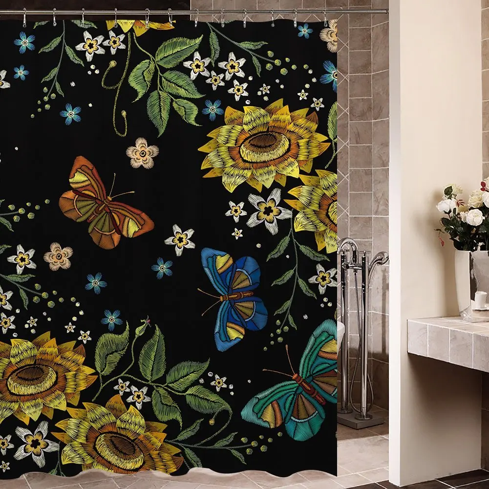 Memory Home Fashion Butterfly and Sunflower Shower Curtain Black