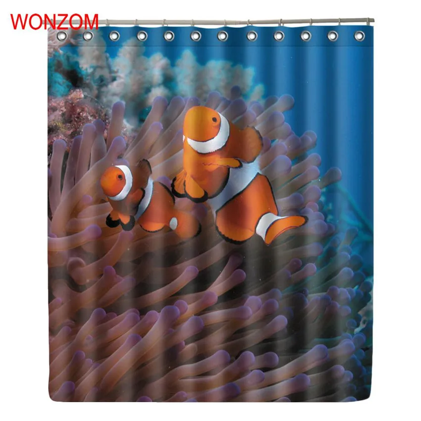

WONZOM Clownfish Polyester Curtains with 12 Hooks For Bathroom Decor Modern Infauna Bath Waterproof Curtain Bathroom Accessories