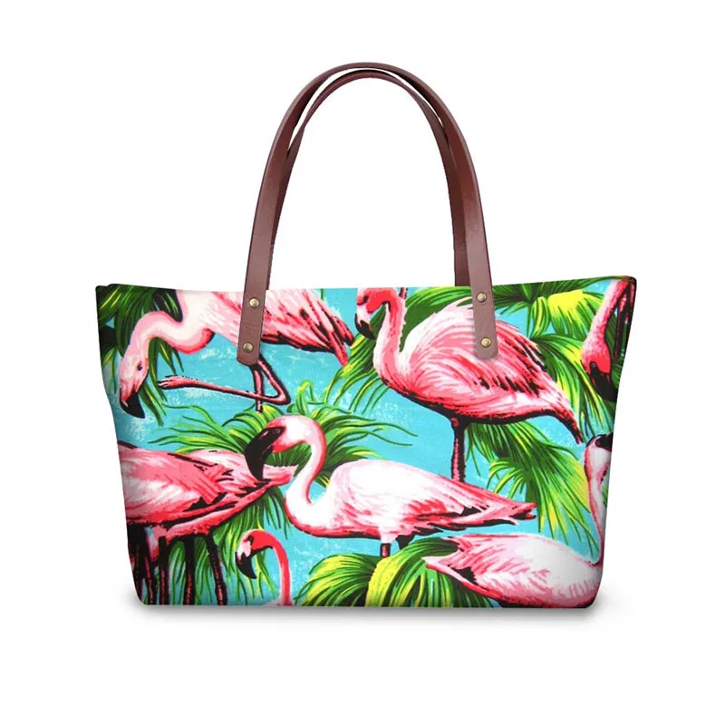 

FORUDESIGNS Flamingo Print Women Beach Handbag,3D Vintage Fashion Flower Ladies Totes Shopping Female Big Capacity Tote Bolsas