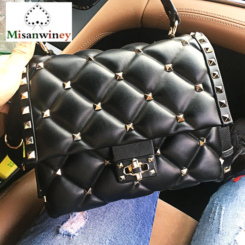 

2018 New Autumn High Quality Genuine Leather Women Handbag Luxury Fashion Sheepskin Diamond Lattice Rivet Shoulder Messenger Bag
