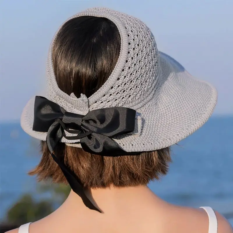 إمرأة الصيف طوي القش نسج قبعة الشمس طويل الشريط Bowknot فتح الأعلى ذيل واسعة متموجة حافة الجوف دلو الشاطئ كاب