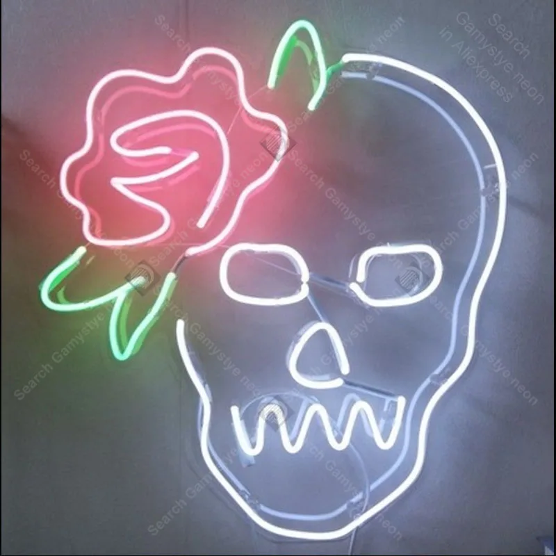 

Sugar Skull With Rose Neon Sign Glass Tube Handmade neon light Sign Decorate Home Restaurant room Iconic Neon Lamps Advertise