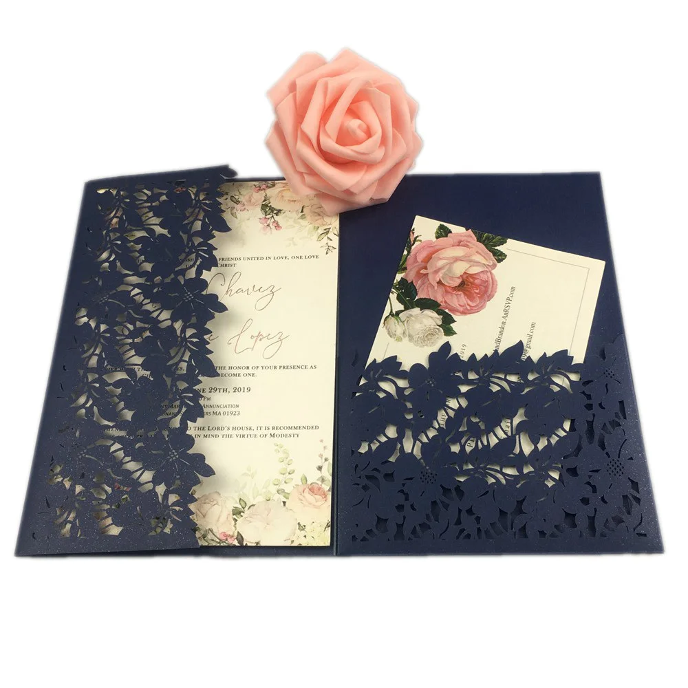 50X белый оставить розовый/бордовый цветок три раза лазерная резка, для свадьбы юбилей пригласительные набор/Поздравительные открытки/RSVP - Цвет: dark navy blue