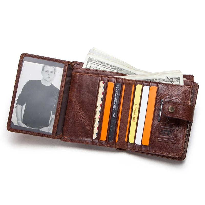 Baratos Cartera vintage de cuero genuino de contacto con RFID para hombres con bolsillo para monedas carteras cortas pequeña cremallera walet con tarjeteros Cartera de hombre