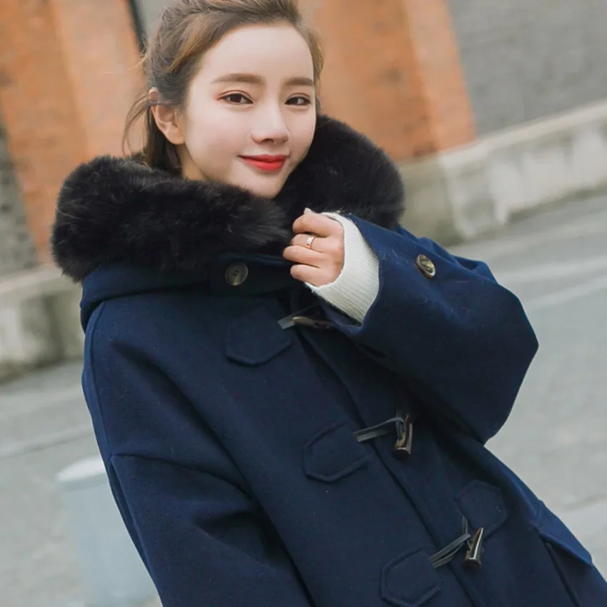 

HanOrange hooded Temperament Goddess Autumn Winter Big Man-made Fur Collar Horn Button Women Loose Coat Woolen Overcoat XS