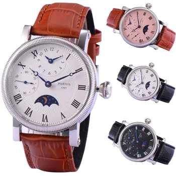 

42mm PARNIS Blue Hands GMT Moon Phase hand winding movement men's Watch