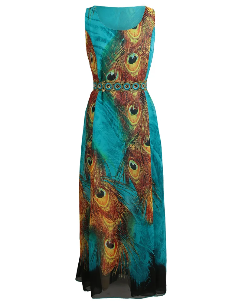 Женское шифоновое платье макси без рукавов с принтом павлиньих перьев, платье с поясом 5XL размера плюс, Повседневная свободная туника, длинное пляжное платье