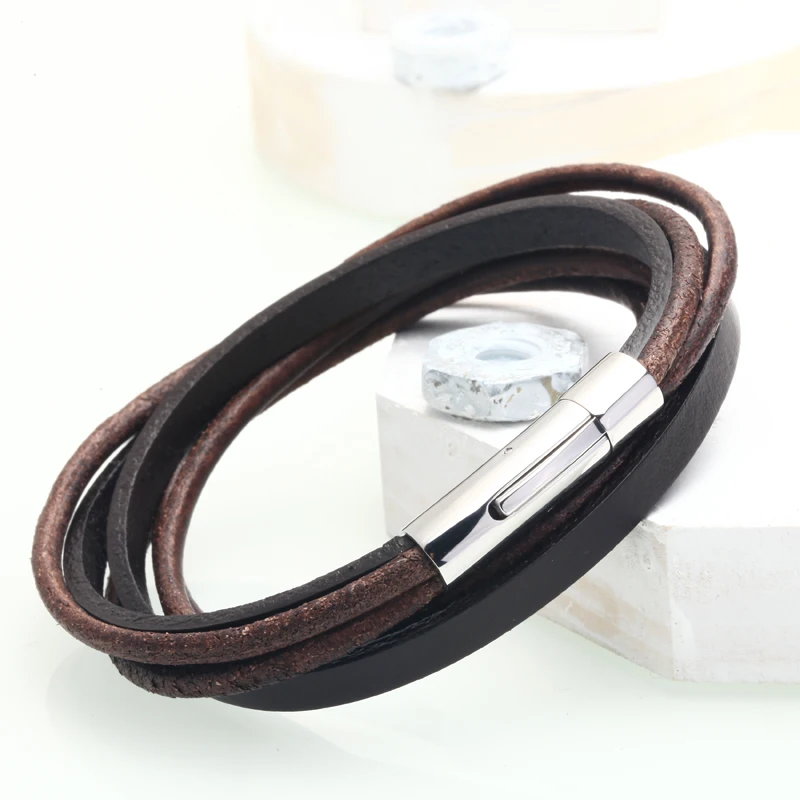 Mcllroy Fashion Leather Bracelet Men Multilayer Brown Genuine Leather