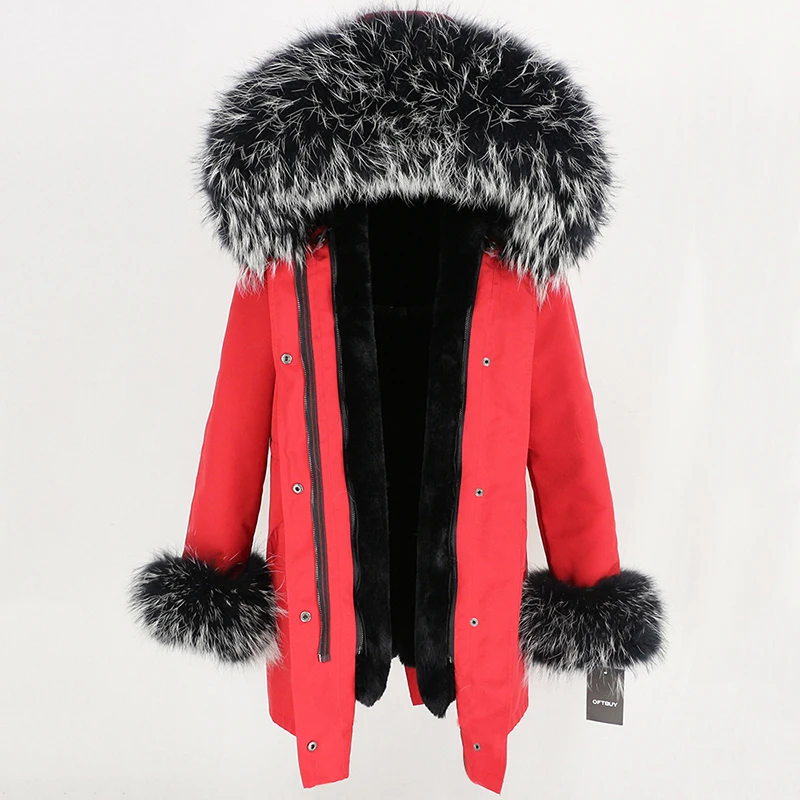 OFTBUY, водонепроницаемая длинная парка, пальто с настоящим мехом, зимняя куртка для женщин, воротник из натурального меха енота, манжеты, мех, Толстая теплая уличная одежда - Цвет: red black W