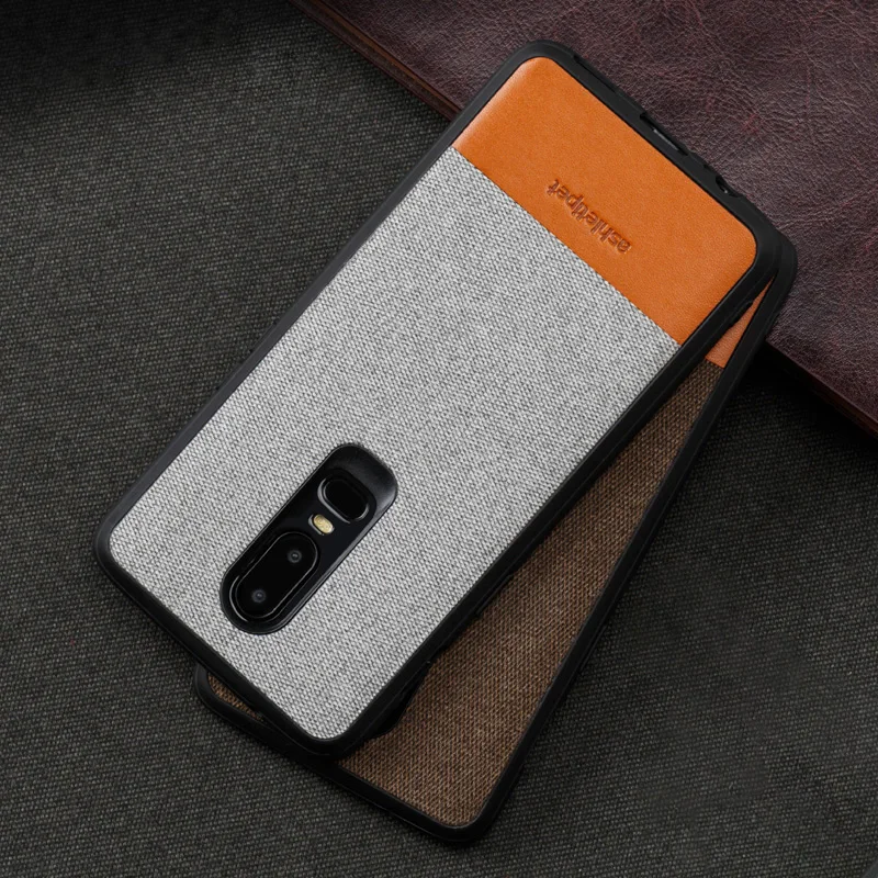

Genuine Leather Phone Case For Oneplus 5 5T Case Soft TPU Edge Canvas and Cowhide stitch Back Cover For Oneplus 6