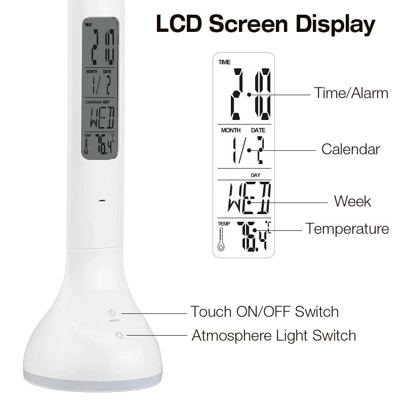 Настольный светильник CLAITE для ухода за глазами, цветной, перезаряжаемый через USB, светодиодный, настольная лампа, складной термометр, календарь, будильник, настольная лампа