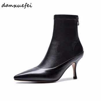 

Women's Genuine Leather High Heel Autumn Ankle Boots Brand Design Pointed Toe Short Booties Ladies Elegant Female Footwear Shoes