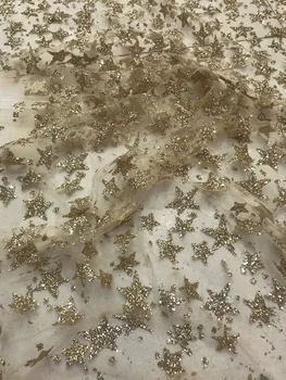 

5 yards glued glitter african lace fabric Gold star glued glitter sequins French tulle lace fabric