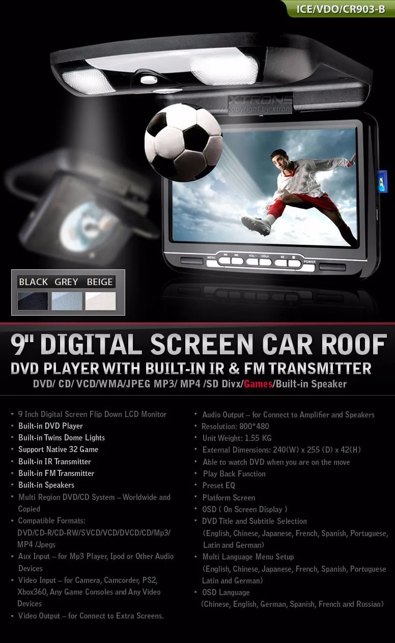 Best 9" Black Color Car Roof Monitor DVD Flip Down Car DVD with Built in IR/FM Transmitter & Built-in Speaker (Grey & Beige Optional) 0
