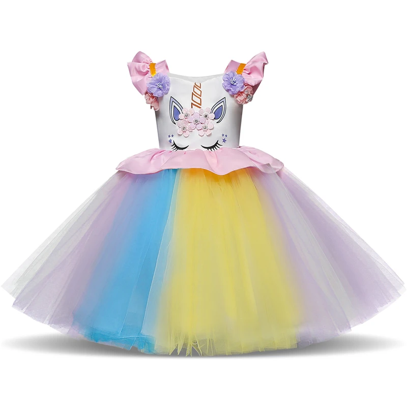 Платье-пачка с цветочным рисунком и единорогом для девочек; пастельные радужные платья принцессы; платье для дня рождения; Детский костюм на Хэллоуин с единорогом