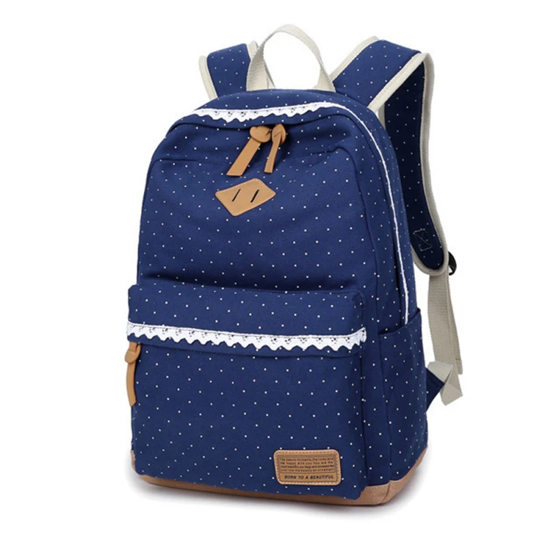 Girl Folk Dots Pattern Print Style Canvas School Bag Soft Handle Zipper Leisure Backpack Women Shoulder