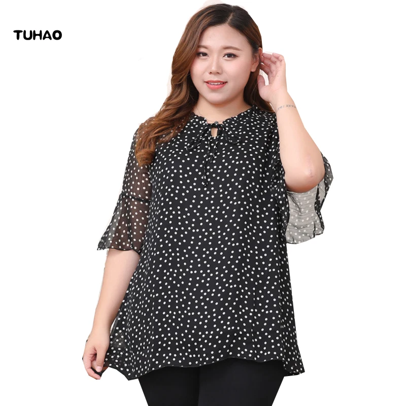 

TUHAO 10XL 9XL 7XL Plus Size Women Polka-Dot Printed Blouses Shirts Office Lady Lotus Leaf Sleeved Chiffon Blouse Tops YZ03