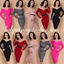 FREE SHIPPING 2015 New Autumn Winter Five Colors Elasticity Knitted V Neck Long Sleeve Strapless Dress Fashion Vestidos Women