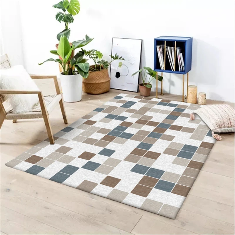 AOVOLL Rugs for Children Rooms Abstract Blue Brown Small Square Pattern Carpet Area Rug for Living Room Mechanical Wash