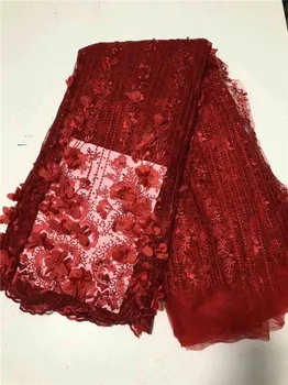 

Heavy French Dress Tulle Lace Latest African Handmade 3d flowers Embroidered Net Lace Luxury Handmade Beaded Lace Fabric red