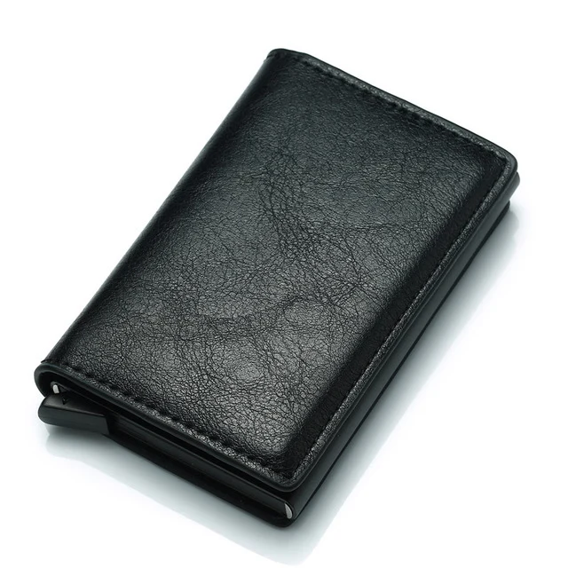 

Fashion Metal Men Card Holder RFID Women Crazy Horse PU Leather Wallet Aluminium Alloy Metal Automatic Pop Up Travel Card Case