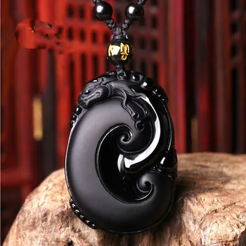 

High Quality 100% Natural Obsidian Stone Pendant Necklace Hand-Carved China Ruyi Pendant good lucky for Men Women Stone Jewelry