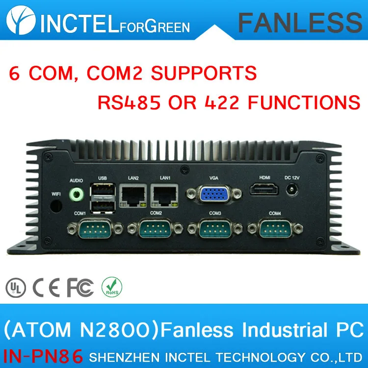 

Low power fanless industrial computer with 6 RS232 COM2 supports RS485 422 function Intel atom N2800 processor 2 Gigabit Lan