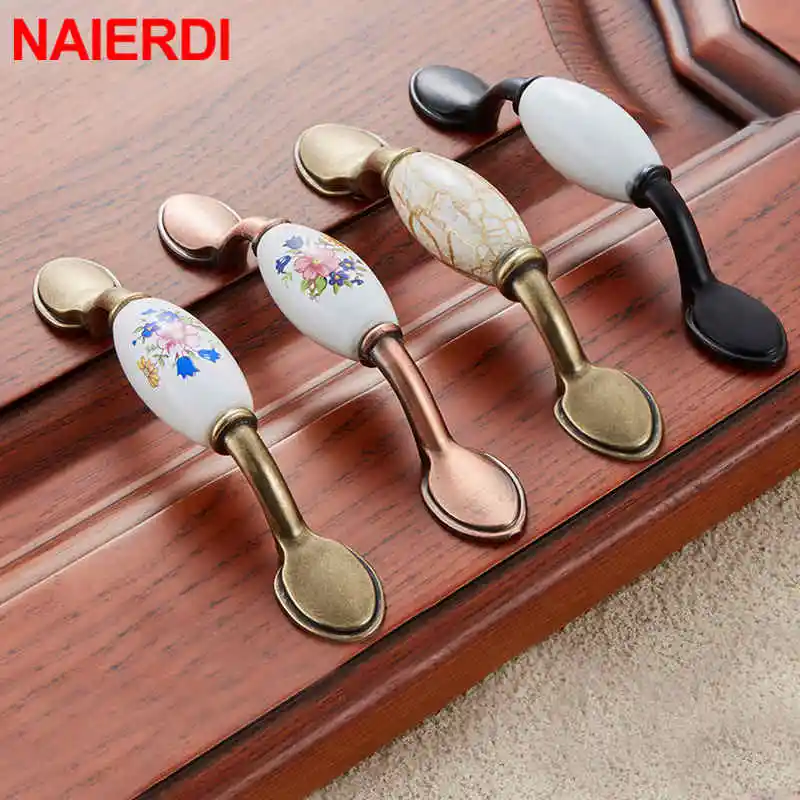 NAIERDI العتيقة البرونزية السيراميك مقابض للخزانة سبائك الزنك مقابض أدراج باب خزانة ملابس مقابض صباح المجد الأوروبي مقبض
