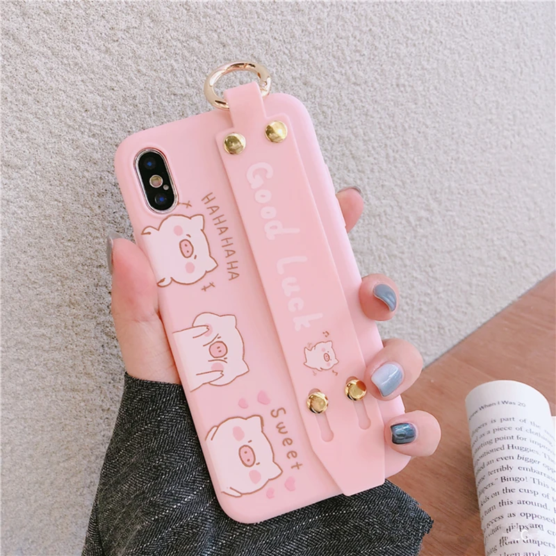 

Cute Pink wrist Bracket Soft Cover Phone Case for Iphone 6 6s 7 8 Plus X XR XS MAX Case Cartoon Funny Metal Buckle