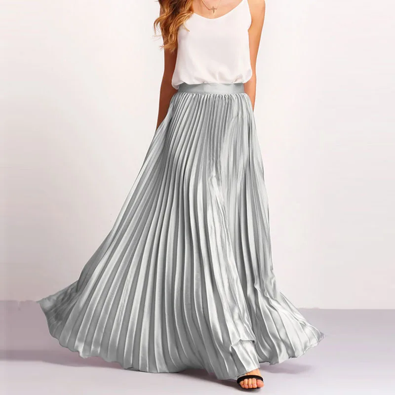 

Fashion Pleated Flare Maxi Skirt Zipper Side High Waist Floor Length Women Beach Long Skirt Vintage Chiffon Saia Longa Faldas