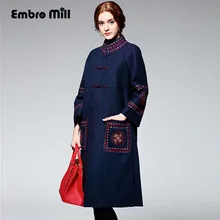 Высококлассный зимний тренч для женщин, высокое качество, большие размеры, винтажные Элегантные цветы, шерстяное пальто с вышивкой, Дамская M-XXXL