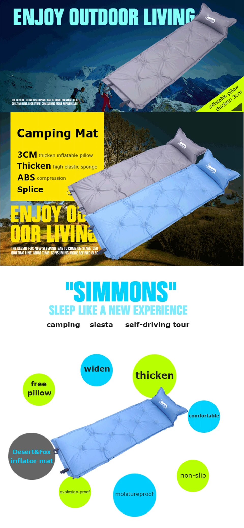 Almofadas de Dormir com Travesseiro Confortável do Colchão de ar da Barraca para Acampar Desert Auto-inflando Inflável Mochila Caminhadas & Fox 1pc 2 Desert & fox 1pc auto-inflando almofadas de