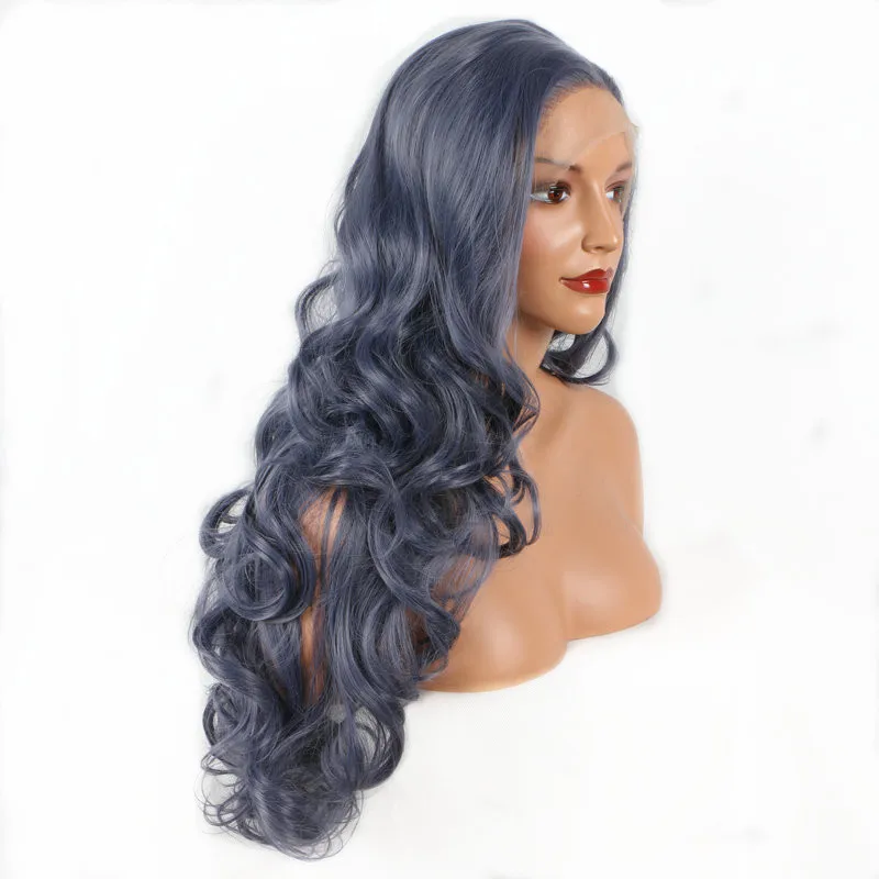 

Pervado Hair Heat Resistant Fiber Synthetic Front Lace Wigs Long Deep Wave Blueish Grey Color Glueless Cosplay Wig for Wome