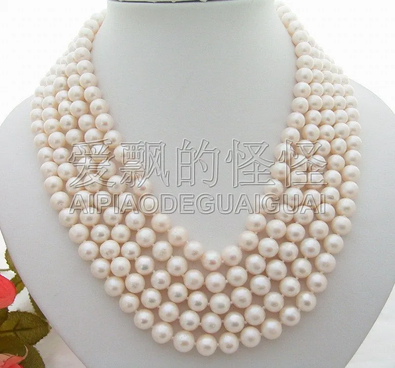 

N070169 17" 5Strands 9mm White Pearl Necklace-Silver Clasp
