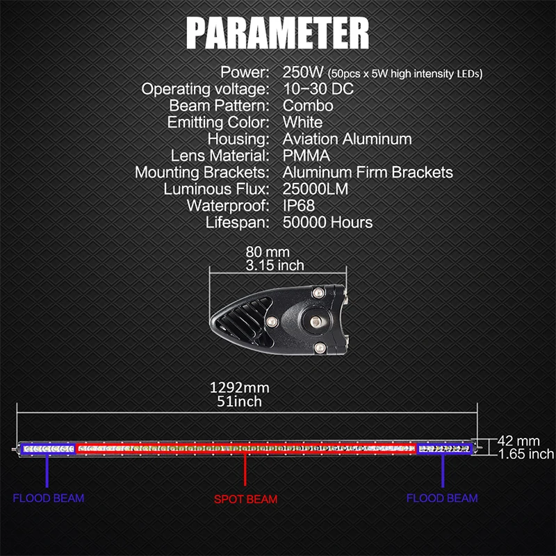 RACBOX 5" 51 дюймов 250 Вт светодиодный световой бар комбинированный внедорожный 12 В 24 В IP67 для прицепа морской грузовик для лодки, для трактора Продольный брус багажника на автомобильной крыше рабочий свет