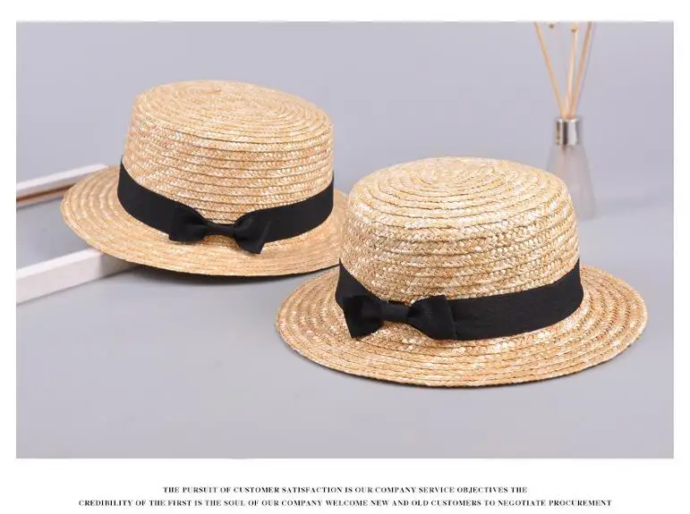 Seioum Fashion Cute Child girls Summer Bowknot straw Sun hat Boy Boho Beach Flat Top Fedora hat Sunhat Trilby kids Panama hat