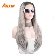 Парики на шнурках спереди модное темное Омбре серое бесклеевое 2 цвета Anxin светло-черные корни#12 боковая часть длинное естественное прямое тепло