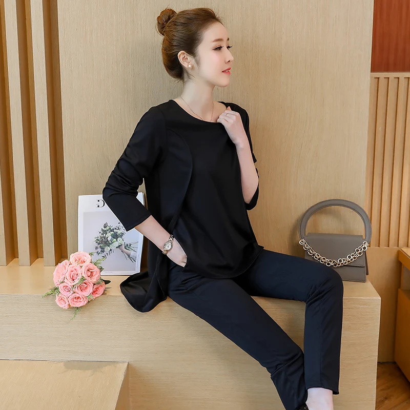 2018 New Women 2 Piece Set Women Suit Female Long Sleeve Lrregular Hem Tops Work Clothes Trousers Two-Piece Sets Foot Trousers