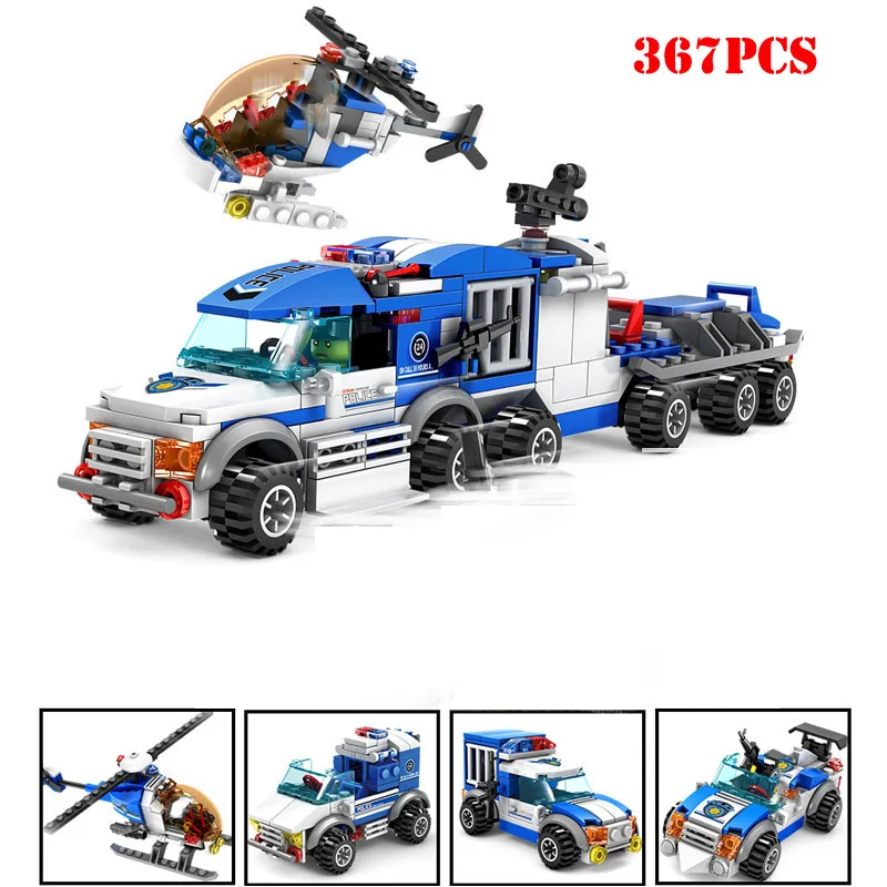 

4 in1 Police Prison Truck Helicopter Car Building Blocks Compatible Legoing Technic City Enlighten Bricks Toys For Children Gift