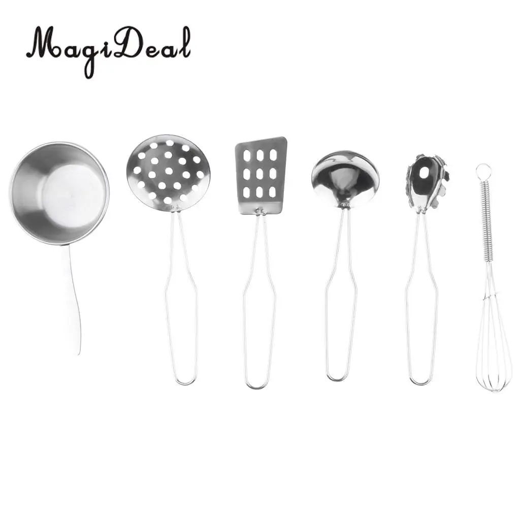 6Pcs/Set Stainless Steel Kitchen Cookware Cooking Utensils Toy Children Kids Pretend Role Play Toy Silver