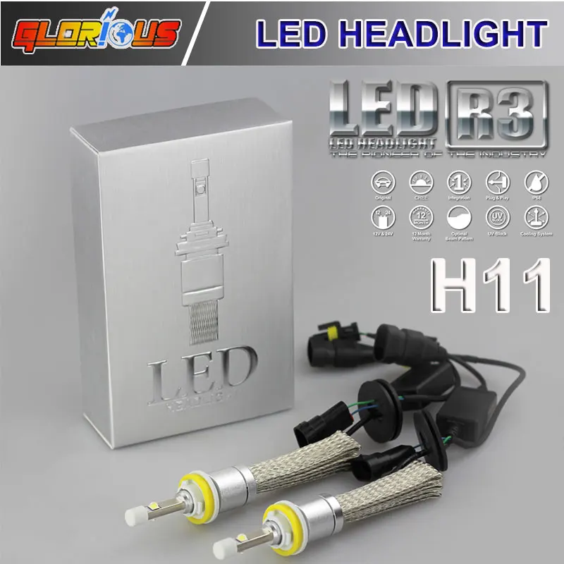 Super Bright R3 9600lm H8 H9 H11 Xenon White 6000K Car LED Headlight Conversion Kit XHP-50 4800lm Bulb